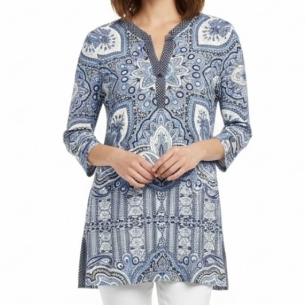 J McLaughlin Blue Geometric Catalina‎ Cloth 3/4 Sleeve V Neck Swing Tunic SMALL